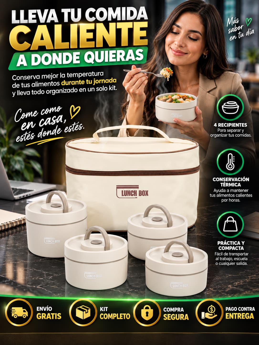 Kit Lonchera Térmica + 4 Recipientes + Cubiertos