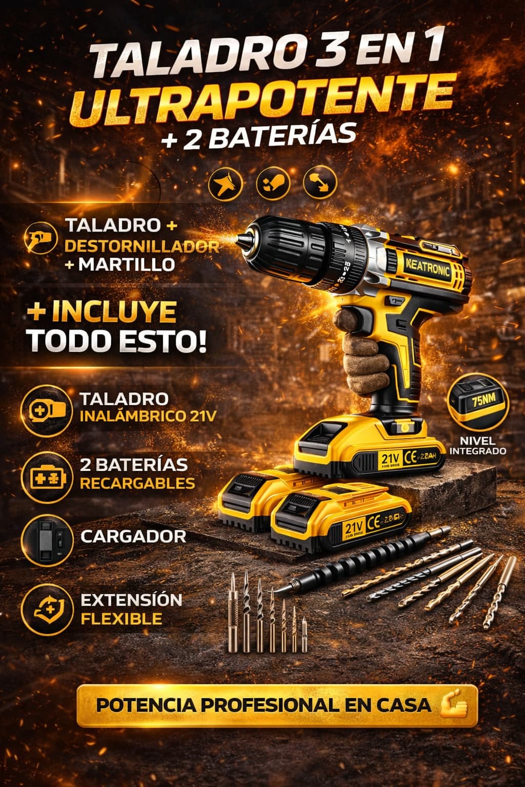 Taladro 3 en 1 UltraPotente + 2 Baterías